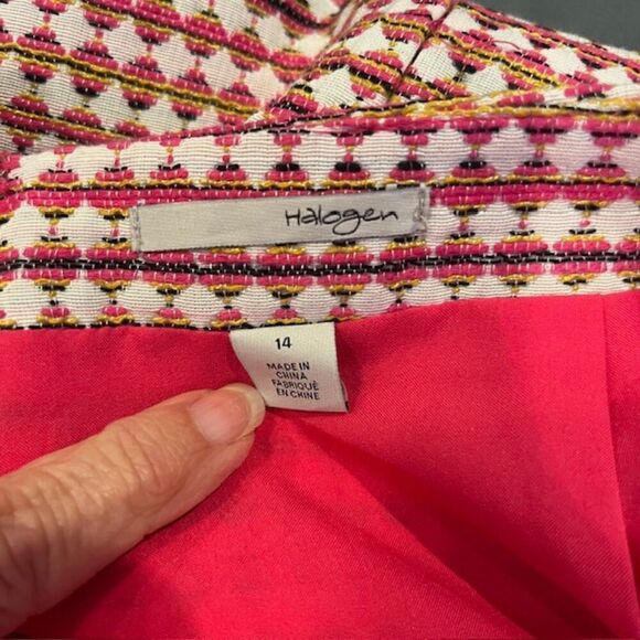 Halogen Tweed Textured Skirt Fuchsia Red Gold Abstract Lined Back Zip Size 14 - Picture 7 of 9